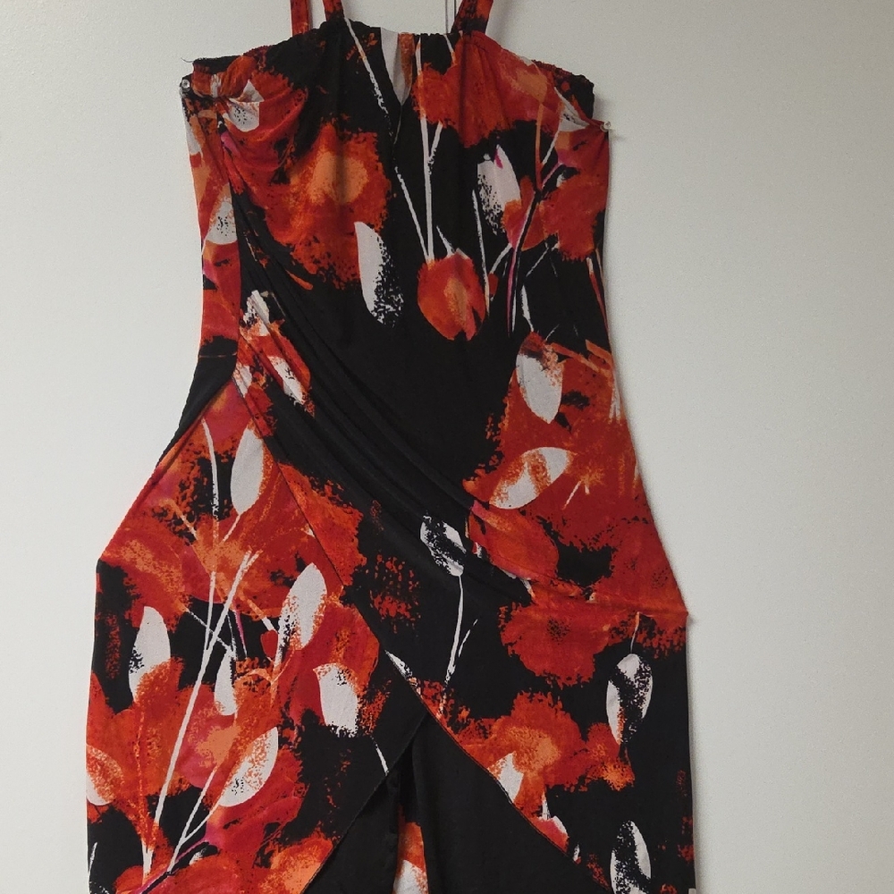 Elegant Asymmetrical Black and Orange Floral Jumpsuit
